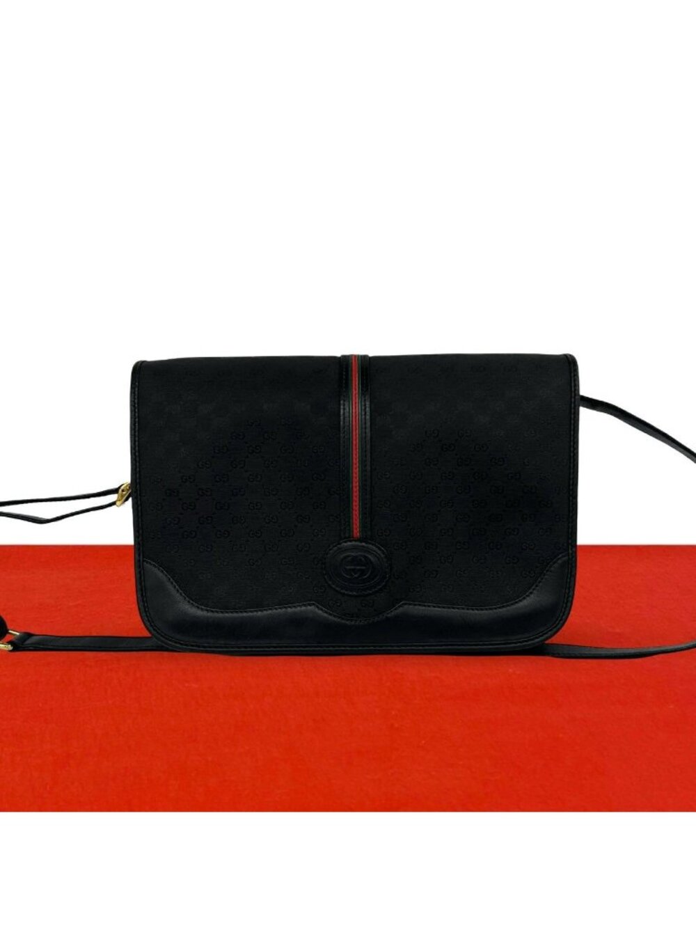 Gucci Vintage Sherry Line Micro GG Logo Leather Shoulder Bag Pochette Black